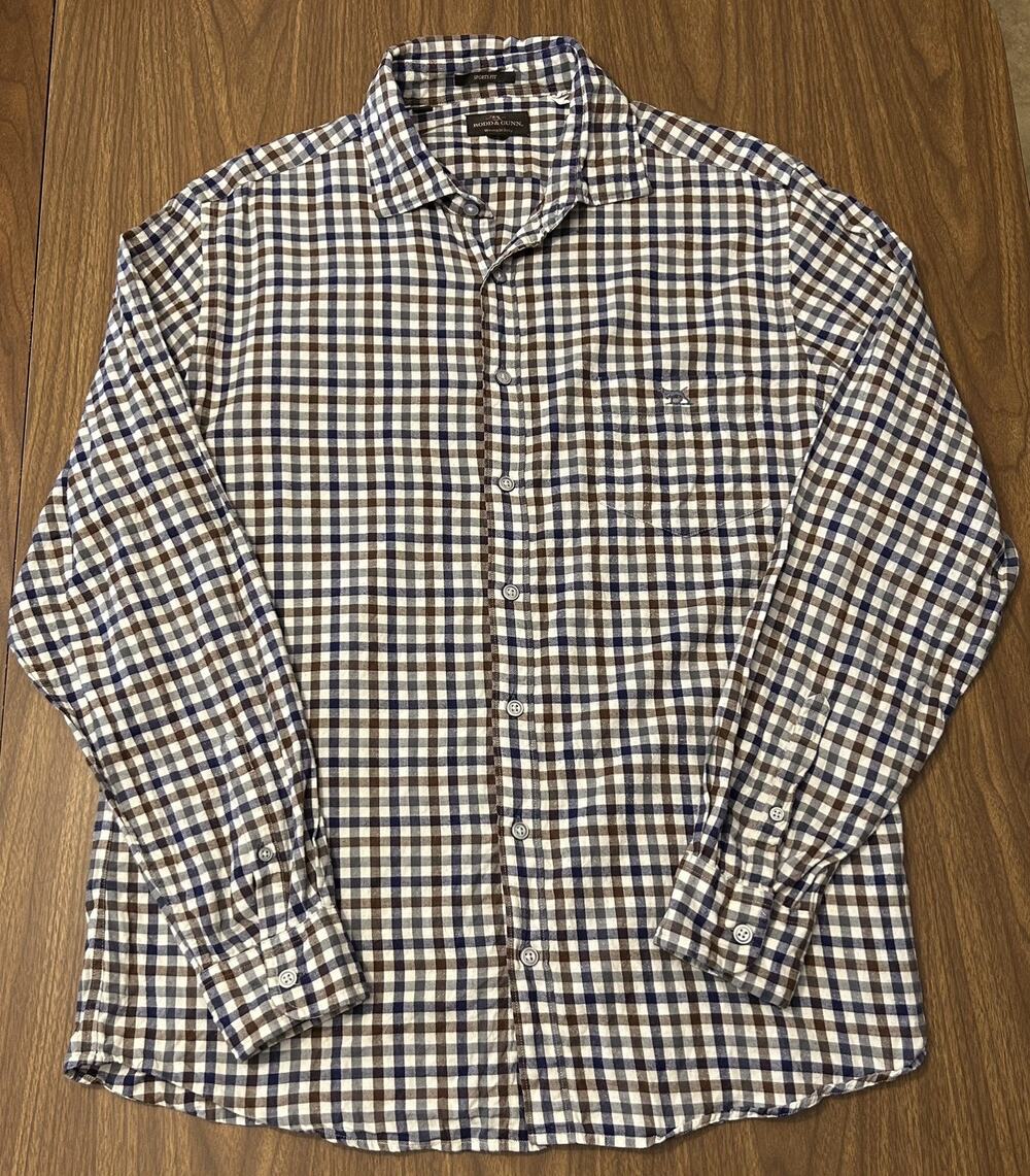 Rodd & Gunn Button-Up Blue/Brown Checker Shirt, Long-Sleeve Sports Fit - L